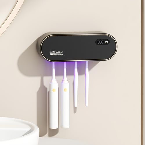 Maxspace UV-Zahnbürsten-Desinfektionsmittel, Zahnbürstenhalter Elektrische Zahnbürste zur Wandmontage mit Trocknen, UV zahnbürste sterilisator Ohne Bohren mit 4 Steckplätzen für Familieng (Schwarz)