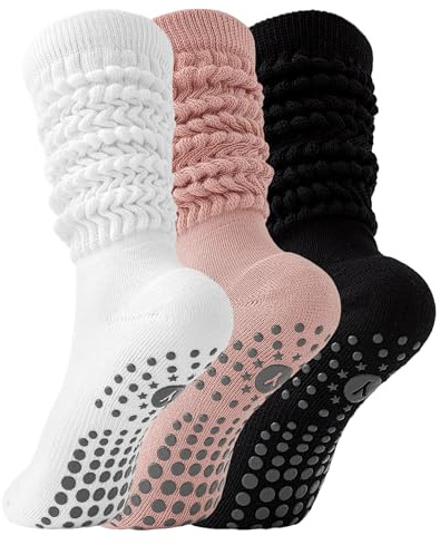 Yawlsow Pilates Grip Socken für Damen Yoga Rutschfeste Slouch Kniestrümpfe | aus weicher Baumwolle extra lange Stulpen für Barre Workout Krankenhaus Zuhause mit griffiger Sohle für Halt und Stabilität