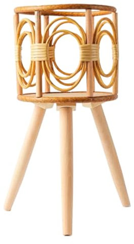 SMELEYOU Rattan Pflanzenständer Stabiler hölzerne gewebte Pflanzenständer mit 3 Beinen Moderne Hohlblumenregal Rattan Display Rack für Wohnzimmer Balkon Büro und Heimdekoration