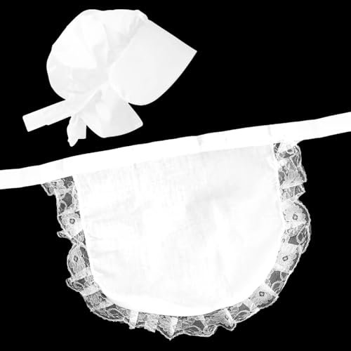 Kids Girls Victorian Maid Costume White Fancy Dress Set with Lace Pinny Apron & Maid Hat for School Plays, Book Week, Historical Days, and Dress-Up Role Play