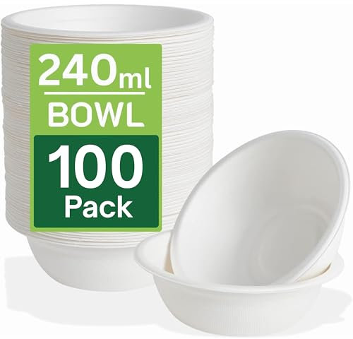 100 Pack Strong Paper Bowls – 240ml Small Disposable Compostable Bagasse Bowl for Party – (4.5 x 1.77 inches) Biodegradable Microwavable Soup Bowls - Dessert Milk Salad Cereals Christmas