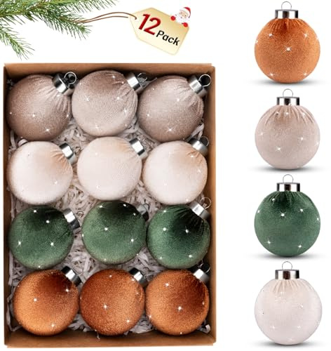 TonJin Weihnachtsbaumschmuck, Samtkugeln, 60 mm, bruchsicher, zum Aufhängen, beflockt, groß, leicht, 4 Farben, Braun, Grün, Beige, Neutral, Urlaub, Party, Heimdekoration, 12 Stück