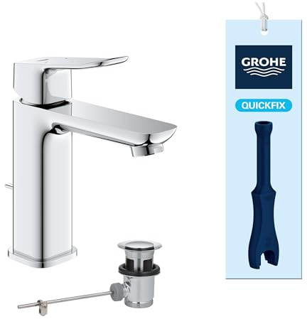 GROHE Dice, Grifo Mezclador Monomando de Lavabo M para Ahorro de Agua (Grifo de Baño con Desagüe Automático, 17 cm de Alto, con Herramienta 3 en 1, Fácil Instalación en El Lavabo), Cromado, 1018320000