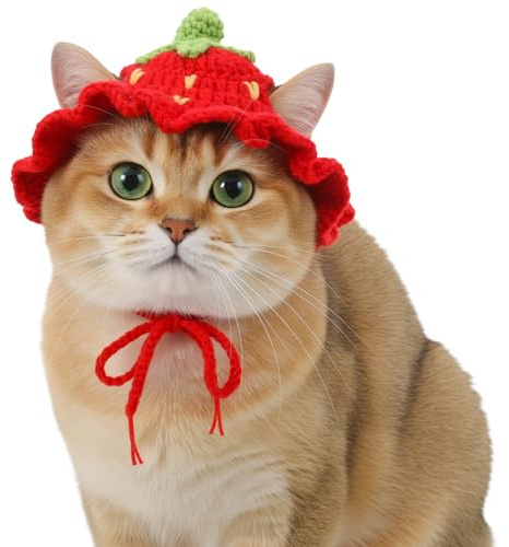 Strawberry Cat Hat Knit Cute Dog Hat Rabbit Hats Halloween Christmas Party Costume Head Wear Accessories for Puppy Cat Kitten Small Dogs Small Animals Pets Red (M) Soft Cartoon Design