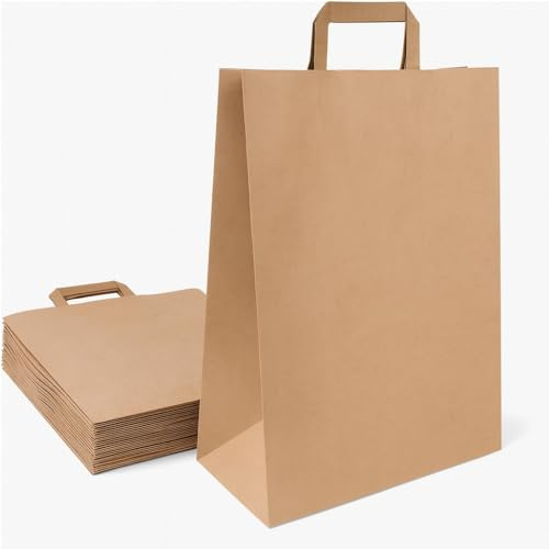 Commerline Papiertragetaschen 32+16x44 cm 250 Stück | Braun Papiertüten | Kraftpapier Tüten Kraftpapier Tüten mit Henkel | Geschenktüten, Papiertaschen, Papiertüte | Groß