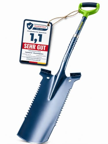 Wurzelspaten mit WurzelGrip | Kraft-Spaten mit Wurzelsäge auch für Harte Böden | Spaten Garten & Schaufel aus Carbonstahl mit Fiberglasstiel, rutschfestem Griff und extra breiter Trittkante