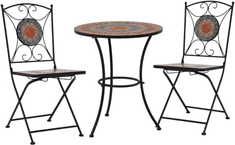 Gecheer Mosaic Bistro Set - Terracotta, Grey and Orange - Garden Furniture for Chatting and Relaxing - 60 x 70 cm Table, 2 Chairs Included Model279691