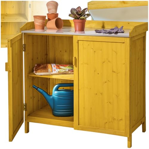 tectake® Table de rempotage Abri de Jardin Bois avec Plan de Travail zingué Table de Culture Rangement des Outils de Jardinage, Armoire de Jardin Exterieur idéal pour Plantes, Fleurs, semis Potager