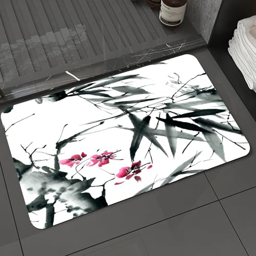 DALEXHM Tapis de Bain 60x100cm, antidérapant,Doux,Absorbant l'eau,en Microfibre,pour la Salle de Bain,Lavable en Machine,Peinture à l'encre, Branches de Bambou reflétant des Fleurs Rouges, Prunes de