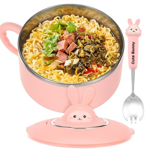 Alongen 1200ml Rapid Ramen Bowl with Filterable Lid,Stainless Steel Instant Noodle Pot with Lid and Spoon, Instant Serving Bowl Portable Salad Pasta Bow Easy Clean for Home Office University(Pink)