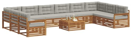vidaXL Sofagarnituren 11 pcs Natürlich und Hellgrau Massivholz Akazie, Garten-Sofa, Robustes Outdoor-Sofa für die Terrasse, lässige Lounge, bequemes Wohngefühl