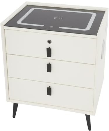 3 Drawers Smart Bedside Table, Sofa Side Table w/LED Lights, Smart Nightstand with Wireless & USB Charging, Bluetooth Speaker, Modern Bedside Table for Bedroom, Living Room, Office (Beige White)