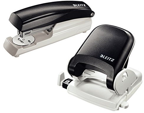Leitz NeXXt Series Bürolocher 5005, 25 Blatt, Anschlagschiene mit Formatvorgaben, Metall, Nexxt mit Leitz Heftgerät 5500 30 Blatt (schwarz mit Hefter)