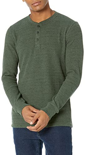 Amazon Essentials Men's Slim-Fit Long-Sleeve Waffle Henley Shirt, Olive Heather, L