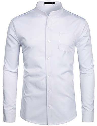 PARKLEES Men's Grandad Collar Smart Dress Shirt Slim Fit Long Sleeve Button Up Shirts with Pocket White M