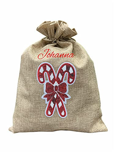 Jutebeutel mit Namen | Motiv mit leuchtenden Pailleten | Nikolaussäckchen als Geschenkbeutel für Weihnachten, Adventskalender inkl. Namensdruck (Zuckerstange, M (30 x 40 cm))