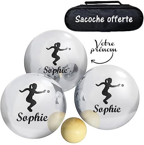 KDO MAGIC - Boule de pétanque personnalisée - Triplette 550g Personnalisable - Prénom gravé - Lot de 3 Boules et 1 cochonnet - Idée Cadeau (Modèle Joueuse)