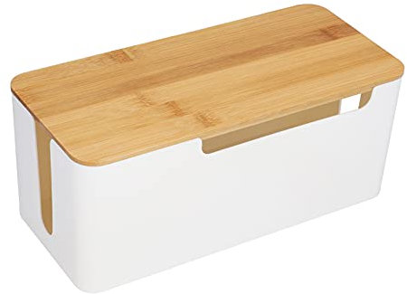 Kabelmanagement Box mit Holz Deckel, 31 x 14 x 12,8cm Weiß Kunststoff Kabelbox Schreibtisch Kabel Organizer Große Kabelkasten für Verstecken TV Computer Router Kabel Steckdosen