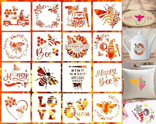 SoulQool Happy Bee Schablone, Bienenwaben, SonnenblumenSchablonen, wiederverwendbar, DIY, inspirierendes Zitat, Zeichnungsvorlage, BauernhausSchablonen zum Malen an der Wand, Zuhause, Holz, 15,2 x