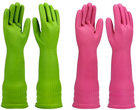 Reinigungshandschuhe für Geschirrspülen, lang, 2 Paar für die Küche, Gummi-Spülhandschuhe, wiederverwendbar, Reinigungstuch, 2 Stück. (klein, grün + rosa)