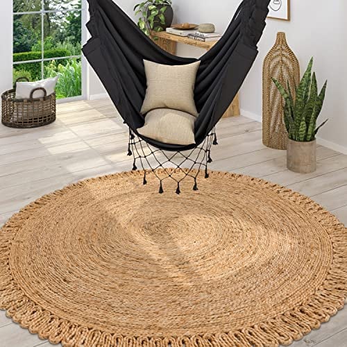 Paco Home Teppich Rund Wohnzimmer Jute Boho Ethno Muster Modern Handgefertigt Naturteppich, Grösse:200 cm Rund, Farbe:Natur 4