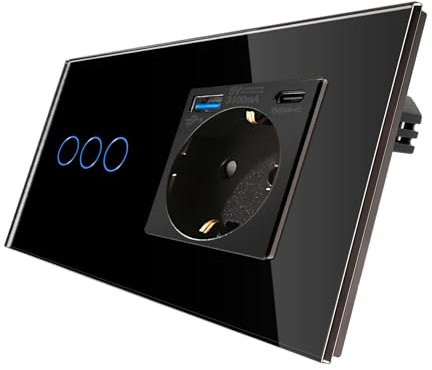 CNBINGO Interruptor de luz táctil con enchufe Schuko con puertos USB (cinta C y cinta de 3,1 amp total) – Enchufe USB empotrado, interruptor de pared de cristal en negro – 3 vía