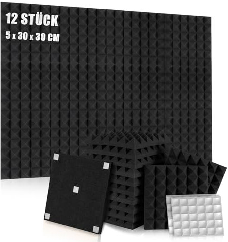 Lot de 12 panneaux de Mousse Acoustique Autocollants, Mousse Anti-bruit Panneau Acoustique haute densité isolant phonique, pour Podcasting, Studio d'enregistrement, Bureaux, 30x30x5cm