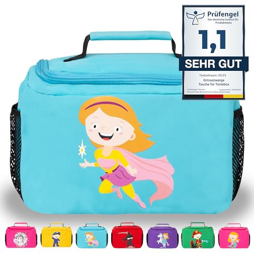 GRINSEZWERGE Tasche für Toniebox Starterset und Tonie Figuren | Aufbewahrung für Tonies Hörfiguren und Zubehör | Box Transporttasche | Tigerbox Tragetasche Koffer (Sophia Superheldin (türkis))