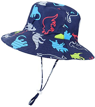 LACOFIA Sombrero de Sol Bebé Gorro Verano para Niños Sombrero Playa de ala Ancha UPF 50+ Proteccion Solar con Correa Ajustable para Barbilla Dinosaurio Azul Marino 2-3 años