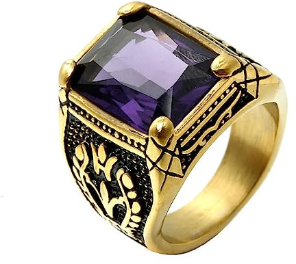 HIJONES Anello con Gemma di Pietra Viola da Uomo in Acciaio Inossidabile Gioielli Celtici Floreali retrò Oro Misura 22