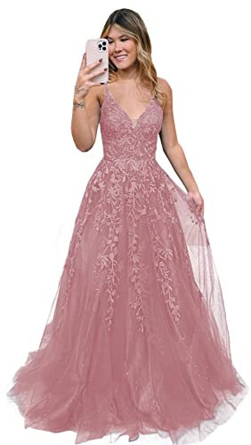 Robe de soirée longue en tulle avec col en V pour femme, Vieux rose, 48