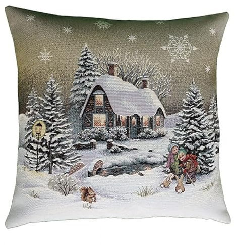 Raebel OHG Tischdecke Mitteldecke Tischläufer Tischset Kissenhülle Weihnachten Gobelin Winterdorf beige braun Töne Baumwollmischung (45 x 45 cm Kissenhülle)