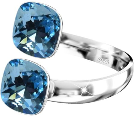 925 Sterling Silber Doppelt Kristall Ringe für Damen Verstellbarer mit Marken Kristalle - Glänzend Cubic Zirkonia Ring Fingerring Kommt in Schmuck Geschenk Box (Aquamarine)