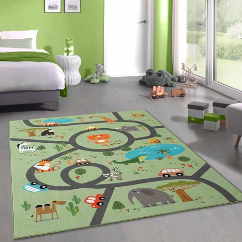 CARPETIA Teppich Kinderteppich Spielteppich Kinderzimmer modern rutschfest waschbar pflegeleicht Safari Straßenteppich grün 140 x 200 cm