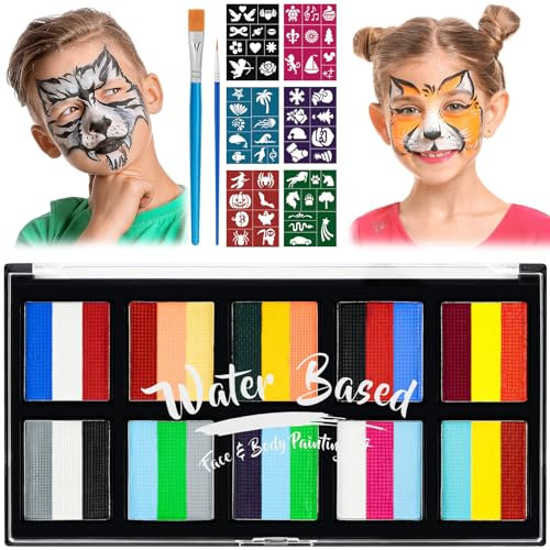LOPHE Pintacaras Infantil, 30 Banda Pintura Cara Niños con 2 Pinceles y 6 Plantillas, Seguridad Pintura Facial y Corporal para Maquillaje Infantil, Pinturas Niños Halloween Festival Carnava, NK-101A