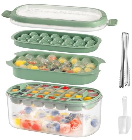 Ice Cube Tray with Lid and Ice Bucket Kits, Silicone Ice Cube Maker Ice Cube Trays for Freezer, 2 Tiers Ice Cube Moulds with Storage Ice Bin, Ice Tong & Scoop, 54 Square and Round Ice Tray