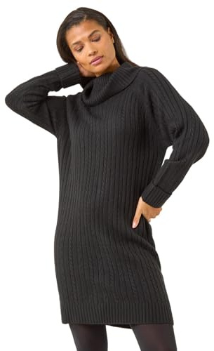 Roman Roll Neck Knitted Jumper Dress for Women UK - Ladies Autumn Everyday Winter Holiday Cowl Neckline Comfy Long Sleeve Soft Rib Detail Frock Desk to Dinner Gowns