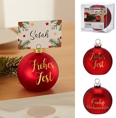 MC-Trend Christbaumkugel Kartenhalter Fotohalter in rot matt & goldener Schrift ⌀ 8 cm mit Metallklammern Weihnachtskugel Tischkartenhalter Platzkartenhalter Tischdeko (2x Frohes Fest)
