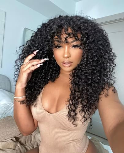Pelucas Mujer Pelo Natural Humano Pelucas Cabello Natural Rizado Negra Larga Kinky Curly None Lace Front Wig Human Hair Wigs with Bang 180% de Densidad de 16 Pulgada (40 cm)