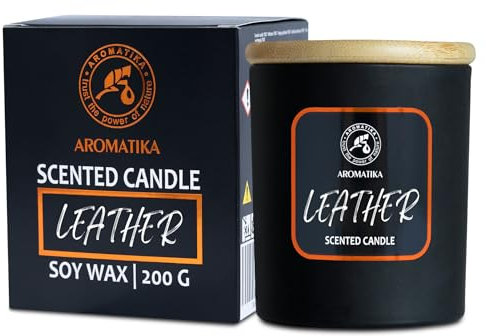 Duftkerze Leder 200 g - Aroma Kerze mit Ätherischen Sandelholz Öl - Aromatherapie Sojawachs Kerze - Duftkerze für Hause - Duftkerze im Glas - Kerzen für Raumduft - Duft für Männer