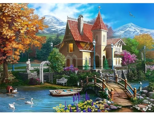 QENSPE 5D Diamond Painting Paysage Villa Peinture Diamant Kit Adulte Complet Paysage Diamond Art Painting, DIY Broderie Diamant Strass Cristal Point de Croix Murale Cadeau Décoration 30x40cm