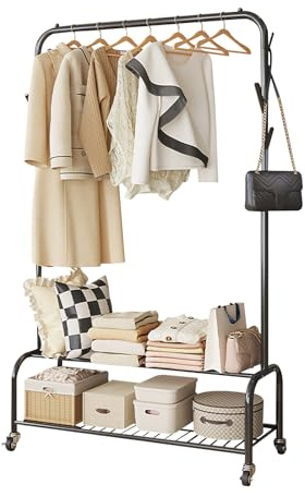 Ergocar Portant a Vetement, Portant Vetement en Métal, Porte-vêtements Multifonctionnel avec Roulettes, Porte Manteau avec Panier de Rangement, pour Vêtements, Sacs, Chapeaux, Chaussures