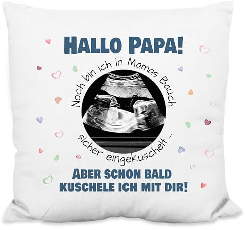 True Statements Werdender Vater Geschenk Deko-Kissen personalisiert mit Ultraschallbild „Hallo Papa!“ - 40x40cm, mit Kissen-Füllung - Idee Baby Schwangerschaft verkünden (flauschig)