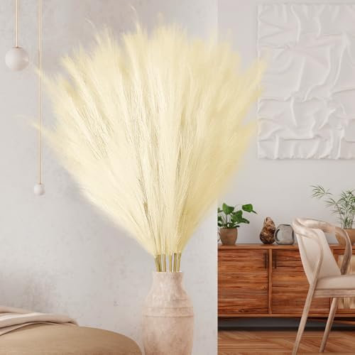 Ziamzra Pampasgras Groß 6 Stück Pampasgras Künstlich 110cm Pampasgras Kunstblumen Deko Trockenblumen Getrocknete Blumen Boho Deko Kunstblumen Pflanzen für Wohnzimmer Hochzeit Büro Schlafzimmer(Beige)