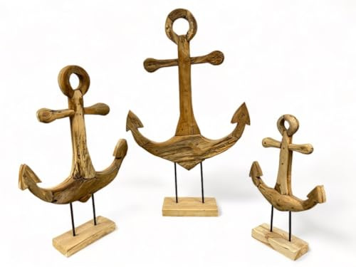 FaHome Handgefertigter Teakholz-Anker - Dekorative Skulptur - Hochwertige Handwerkskunst - Auf einem Sockel stehend (75 cm x 45 cm x 13 cm)