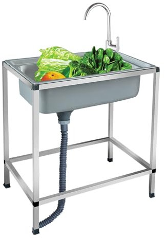 Fregadero Industrial de Acero Inox Fregadero de Cocina independiente Fregadero portátil al aire libre,Móvil Fregadero de un Seno Con grifo frío y caliente (68x44cm)