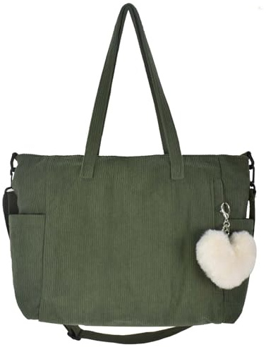 Cleminsta Cord Tasche Damen Grün: Umhängetasche mit Reißverschluss, Beutel mit Taschenfach für Arbeit, Büro, Reisen, Einkaufen, Schule