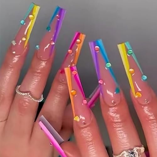 Coffin False Nails Pride Day Rainbow Long Fake Nails French Press on Nails Ballerina Acrylic Stick on Nails 24pcs for Women and Girls
