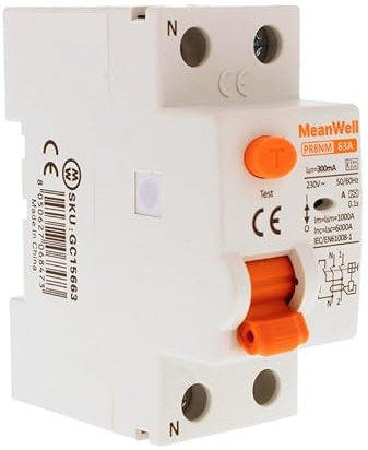 MeanWell Interrupteur Différentiel 300mA, Type A 1P+N 6000A 300mA, 2 modules DIN, Residual Current Circuit Breaker, RCCB 1P+N 63A