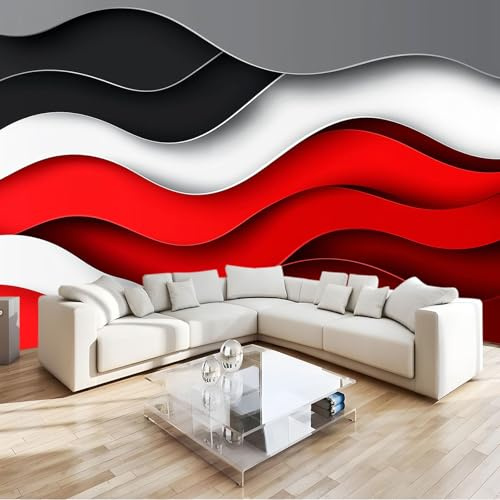 Gris Et Rouge Papier Peint 3D Forme D'Onde Géométrique Intissé Fresque, Salon Chambre Enfant Décoration Murale, Design Contemporain Pour Intérieur Maison (Facile À Installer) 250x175 cm